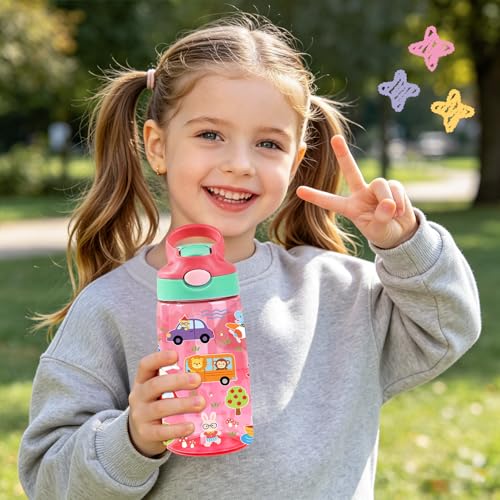 Kids Plastic Water Bottle - Cute Water Bottle for Kids, 14oz Plastic Water Bottles with Straw Lid, Leakproof BPA-Free Cute Animals Water Bottles for Home Sports Travel, Pop-Up Straw Cover, Pink - color: Fun Animals