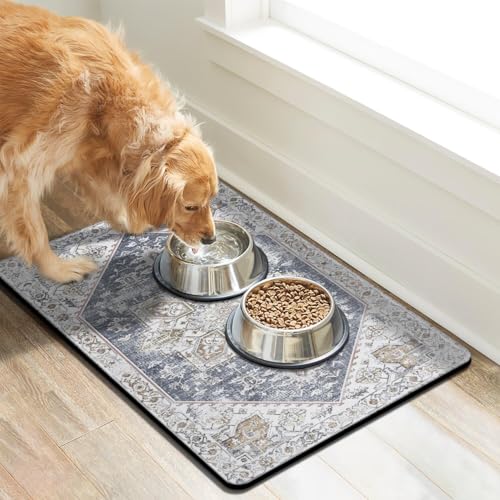 Dog Food Mats for Floors Absorbent, Pet Cat Food Mat - Non Slip Dog Bowl Mats for Food and Water, Eco-Friendly Boho Dog Placemats Feeding Mat Pet Supplies - color: Grey Blue, size: S(12"×20")