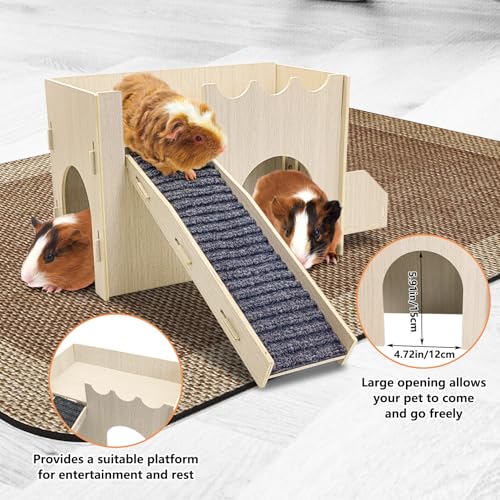 kathson Large Guinea Pig Hideout, Wooden Castle Small Animal House Sturdy 2-Layer Easy to Assemble Guinea Pig Habitat with Anti-Slip Mat Ramp & Food Bowl for Hamsters Bunny Hedgehogs Playing Hiding
