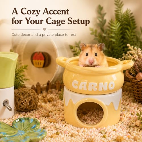 Meow&Woof Ceramic Hamster Hideout House & Bowl Set, 4-in-1 Natural Cooling Cave, Sand Bath, Food Bowl, Syrian Hamster, Dwarf Hamster, Gerbil, Small Animal, Food-Grade Safe, Easy Clean