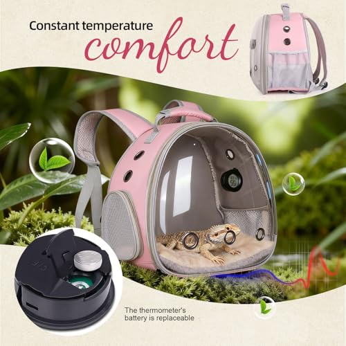 Reptile Travel Backpack Carrier with Reptile Thermometer and Humidity Gauge & Harness Leash Lizard Travel Cage Space Capsule Clear Bubble Window Astronaut Bearded Dragon Bag for Ball Python - color: Pink