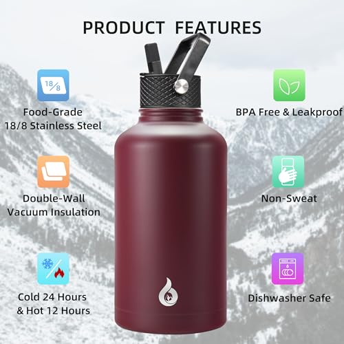 BJPKPK 64oz Insulated Water Bottle, Half Gallon Water Jug with Straw Lid | Large Stainless Steel Vacuum Jug, Keep Cold & Hot, BPA-Free Leak-Proof with 3 Lids, Paracord Handle, for Sports Hiking Travel - color: Brick Red, size: 64 Ounces