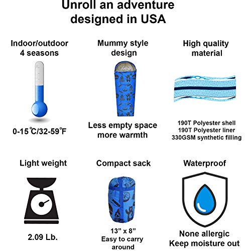 KidzAdventure Mummy Style 32 – 59F Kids Sleeping Bag with Pillow Sleeve, 4 Season, Lightweight and Backpacking Style, Ideal for Camping, Sleepover, Boys, Girls, and Youth - color: Blue youth up to 5'7"