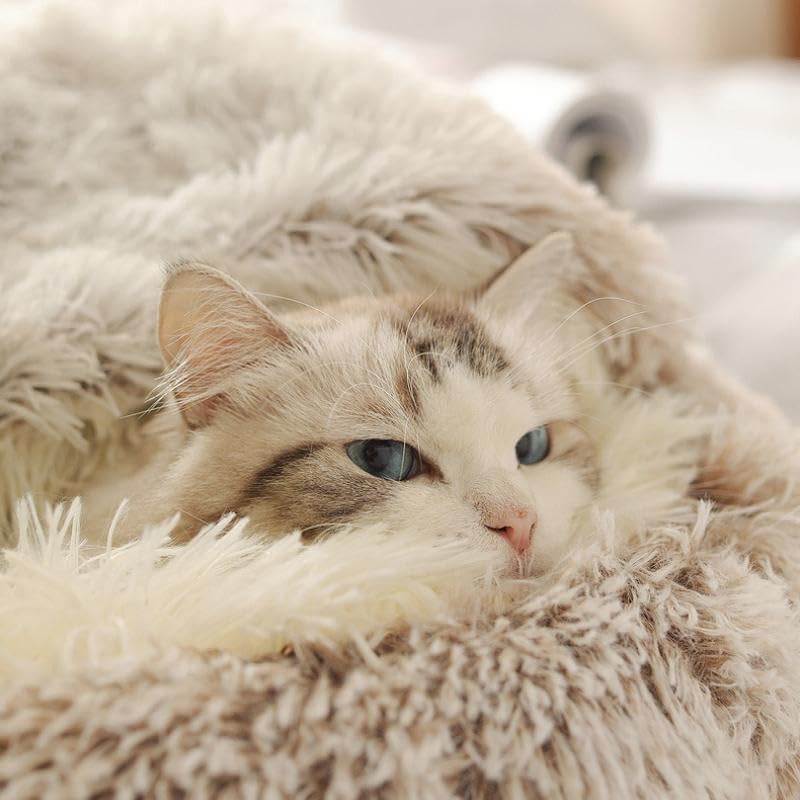 Round Fluffy Hooded Cat Bed Cave, Anti-Anxiety Cave Bed with Blanket | Hooded Cat Bed Cave, Cozy Cuddler Luxury Puppy Pet Bed, Anti-Slip Bottom and Machine Washable - color: Coffee, size: Large