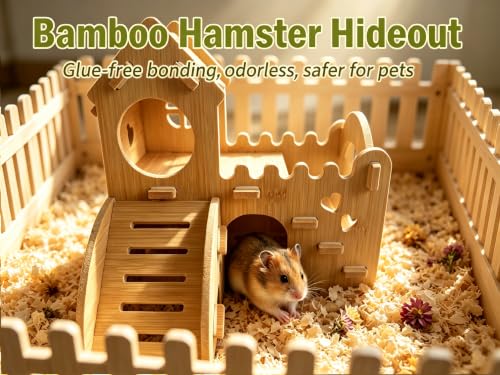Wooden Hamster Hideout,House and Habitat with Climbing Ladder(Castle) | Hamster Hideout Cage Accessories,Very sturdy and bite-resistant for Mouse Mice Rat Other Small Animals - color: Bamboo
