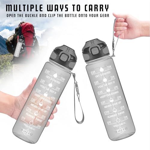 Enerbone 32 oz Water Bottle with Times to Drink and Straw, Motivational Drinking Water Bottles with Carrying Strap, Leakproof BPA & Toxic Free, Ensure You Drink Enough Water for Fitness Gym Outdoor - color: Obsidian