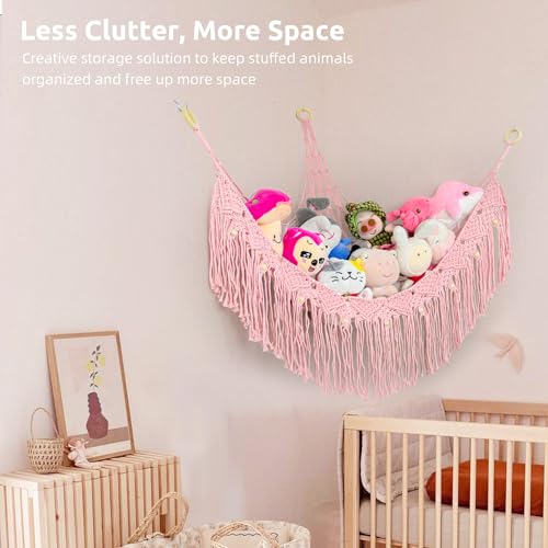 Large Stuffed Animal Hammock, Stuffed Animal Storage Toy Hammock Net for Stuffed Animals Corner, Plushie Net Hammock Toy Organizer for Boho Playroom Baby Nursery Decor - color: Pink