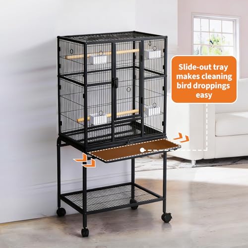 Spacious Flight Bird Cage with Rolling Stand & Storage Shelf - Durable Wrought Iron Parrot Home w/Play Top & Bowls - Easy Clean, Ideal for Parakeets, Cockatiels, Conures - size: 25.4"L x 19.7"W x 5.9"H