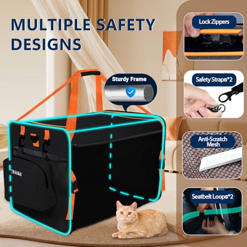 Extra Large Cat Carrier with Litter Box for Car Travel, Black | 24"L x 17"W x 17"H, Lockable Safety Zippers and Seatbelt Loops, for 1 Medium-Large Cat or 2 Small Cats Under 55 lbs - color: Black