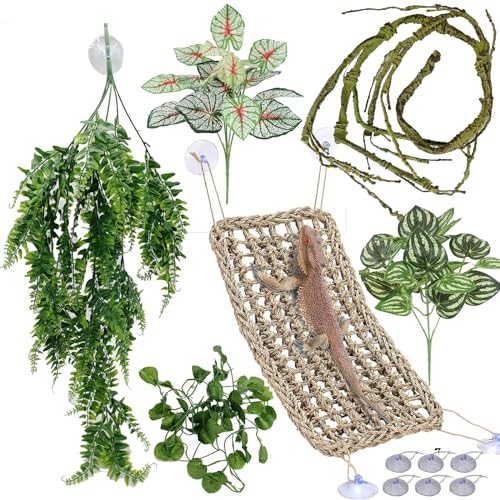 Reptile Plants for Bearded Dragon Tank Accessories, Terrarium Plant Artificial Decor for Snake Cage, Fake Plant for Leopard Gecko Habitat, Lizard Chameleon Ball Pythons (Group BPN) - color: Group Bpn