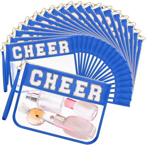 Kacctyen 20 Pcs Blue Chenille Letter Cheer Bags Bulk Cheerleader Clear Makeup Bags Snacks Pouch Bulk Preppy Patch Cosmetic Pouch with Wrist Strap Zipper for Travel Team Cheerleaders - color: Blue