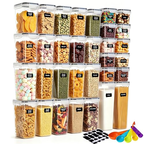 32pcs Airtight Containers, Clear Stackable Dry Food Storage | 32pk clear airtight containers with tight lids keep dry food fresh. Safe plastic, stackable for pantry kitchen storage - size: 32 pcs(47.6L)