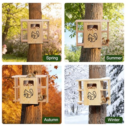 Widened Extra Large Wooden Squirrel Family House for Outside | Dual Protective Entry Design, with Squirrel Feeder, Squirrel Nesting Box with Multi-Platforms for Nesting & Shelter - size: Widened Extra Large