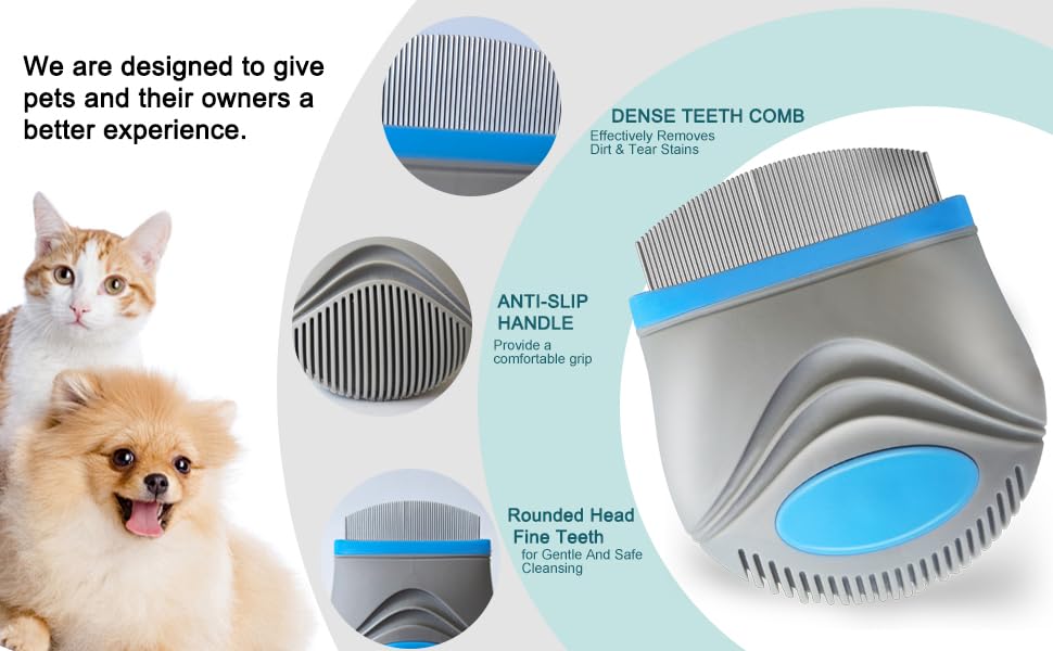 PET Facial Grooming Comb，Stress-free Tear Stain Remover for Dogs & Cats | Stainless Steel Tear Stain Remover，Gentle Round-Head Grooming Tool，Cat Grooming Kit，Lightweight & Portable Pet Grooming Brush