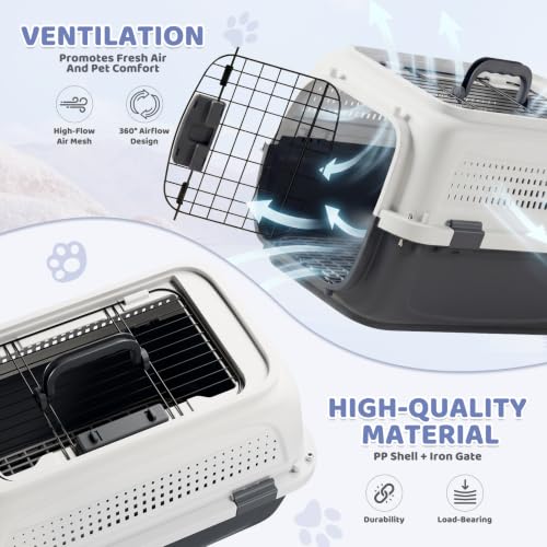 Magshion 22 Inch Hard-Sided Dog Cat Carrier, Grey | Top&Front Door Access, Plastic Dog Kennel for Traveling, Durable Handle, Ventilation, Detachable Pet Bowl, For Pet Up 26 lbs - size: 22.0"L x 14.5"W x 15.0"H