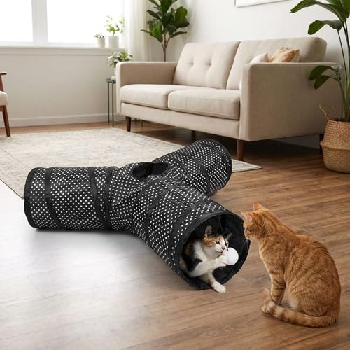 Cat Tunnel Collapsible, More Interactive Indoor Play Toy Tube for Cats & Kittens with Hanging Ball and Peekaboo Holes(Y) - size: Y