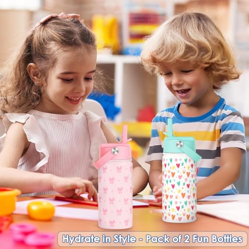 SANDJEST Kid Water Bottle 12oz with Straw Lid - 2-Pack Insulated Stainless Steel Water Bottles for Kids Girls - Travel Cup for School Sports, Bow & Heart - color: Heart + Bow (2 Pack)