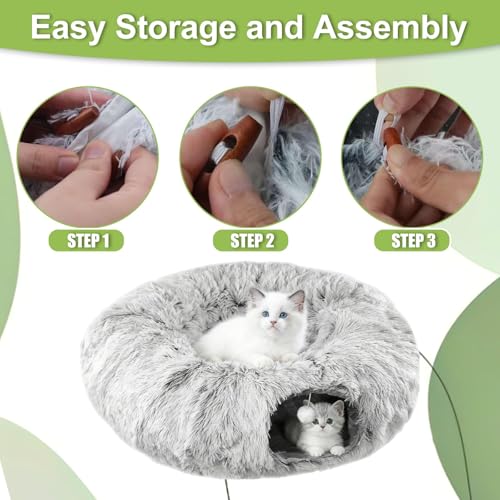 Cat Tunnel Bed for Indoor Cats, Plush Donut Tunnel with Washable Cushion | Peekaboo Cat Hideaway Cave Toy for Kittens, Puppy, Rabbit and Small Pets, Grey