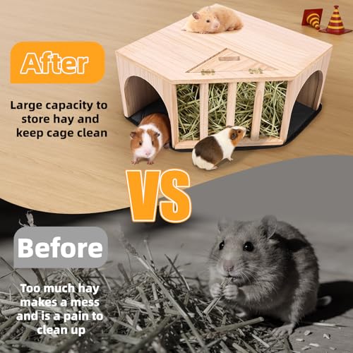 Kalolary Wooden Guinea Pig Corner Hideout with Pee Pad, Small Animal Hideout with Hay Feeder Dual Entrances Hamster Hideout for Bunny Chinchilla Mice Dwarf Gerbils Mouse Hedgehog Playing Hiding