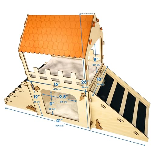 Deluxe Extra Large Wooden Rabbit Castle with Feeding Station, 2-Story Spacious Bunny Hideout House, Easy Assembly Indoor Habitat for Rabbits, Guinea Pigs and Chinchillas