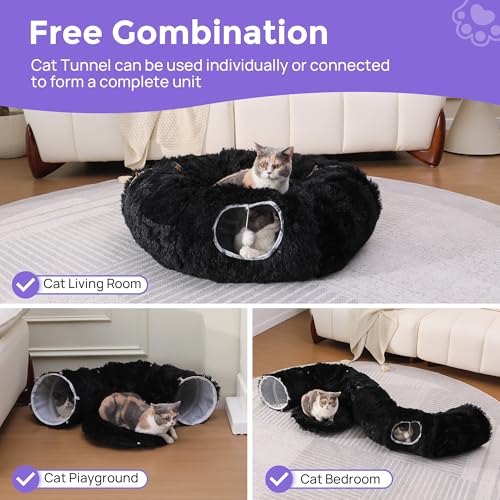 Cat Tunnel with Bed – Soft Plush Peekaboo Donut Cave for Indoor Cats | Under Christmas Tree Hideaway & Multifunctional Playground Toy for Kittens, Rabbits, Ferrets (Long-Pile Fabric Black) - color: Long-pile fabric Black