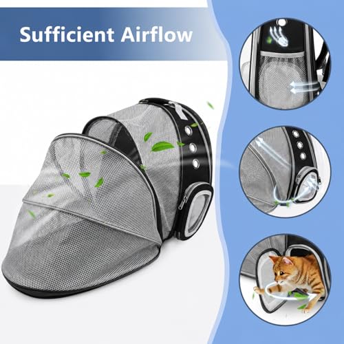 Expandable Cat Carrier Backpack with Bubble Window and Mesh, Black | Anti-collapse frame, breathable mesh, escape-resistant zipper clips and safety leash for vet visits and outdoor travel. - color: Black