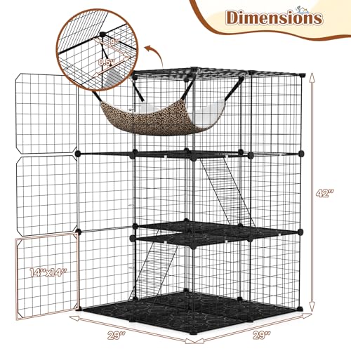 Tangkula Cat Cages Indoor, 3-Tier Cat Enclosure with Skylight, Extra Large Hammock, 2 Ladders, Detachable Metal Wire Kennel with 3 Lockable Doors, DIY Cat Crate & Pet Playpen Catio for 1-3 Cats Kitten - size: 29.0"L x 29.0"W x 42.0"H