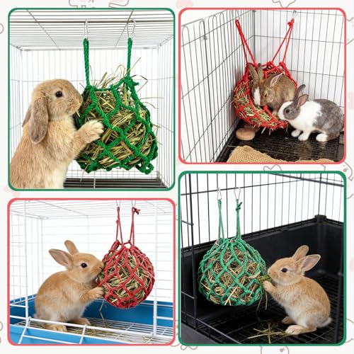 2Pcs Rabbit Hay Feeder Mesh Bags 13.5x11 Inch High-Capacity Hanging Bunny Hay Feeder for Guinea Pig Hamster Chinchilla Gerbils Small Pets and Animals Cage Accessories Supplies - color: Green&Red