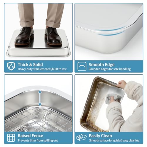 FHTONGE Large Stainless Steel Rabbit Litter Box with Large Sifting Grids | Odor Control, Easily Clean, Low Entry, Metal Bunny Litter Pan, Pet Toilet Train Tray for Small Animl Guinea Pig Ferret Rodent - size: 19.5x13.6x2.8"(50x35x7cm)