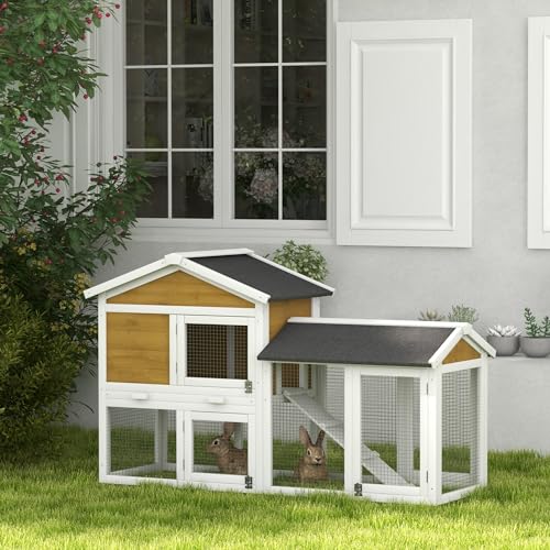 PawHut 58" Rabbit Hutch, Wooden Bunny Hutch, Guinea Pig Cage, Small Animal Enclosure with Run Area, Removable Tray, Asphalt Roof, Lockable Doors and Ramp, Nature Wood | Wooden Bunny Hutch, Guinea Pig Cage, Removable Tray, Asphalt Roof, Lockable Doors, for
