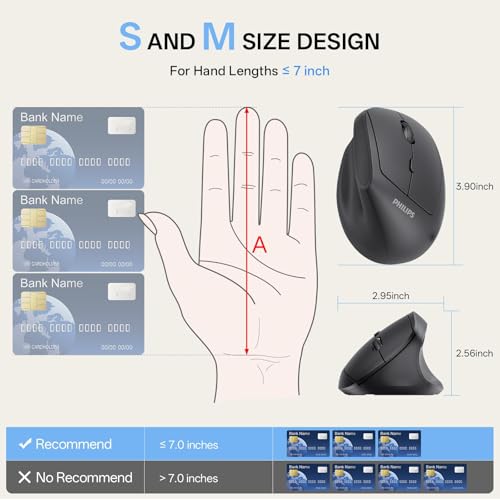 PHILIPS SPK7628 Ergonomic Mouse - Wireless Mouse with 3 Adjustable DPI | 2.4 GHz Vertical Mouse for Laptop and Desktop,6 Silent Buttons Quiet Mouse for S/M Rght Hands, Lightweight, Auto Sleep - color: Black
