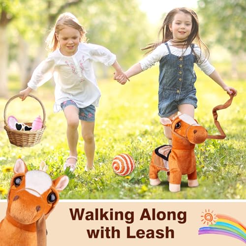 Marsjoy Walking Pony Toy Musical Singing Dancing Plush Interactive Pony Walk Along Horse with Leash Plush Stuffed Animal Shaking Head Buttocks Toy for Boy & Girl Kid Ages 3+ H: 11.81" - color: Brown Pony