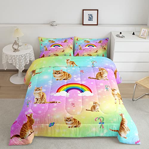 Erosebridal Cat Comforter Set, Starry Sky Bedding Set Twin for Girls Kids Boys Bedroom Decor, Rainbow Galaxy Down Comforter, Soft Breathable Microfiber Quilted Comforter with 1 Matching Pillowcase - color: Multi 38, size: Twin