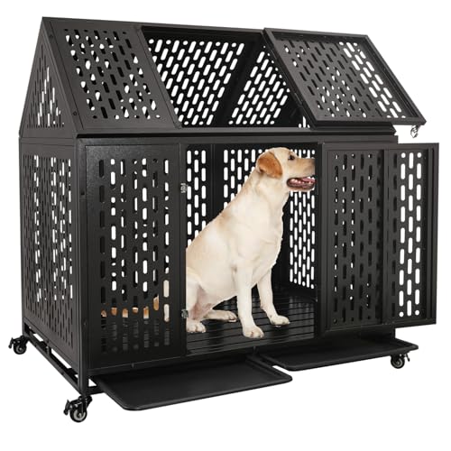 44 inch Heavy Duty Indestructible and Escape-Proof Dog Crate Cage for Large Giant Dogs, Steel Double Door Indoor High Anxiety Pet Kennel with Trays and Wheels, Extra Large XL XXL - size: 43.3"L x 29.7"W x 46.3"H