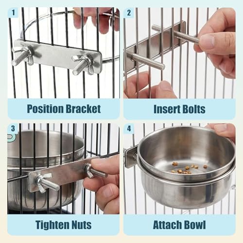 3 Pcs Stainless Steel Bird Feeding Cups with Clamp Holder - Birdcage Food Water Dish Bowls for Cockatiel Parakeet Macaw Finches Lovebirds Small Animals