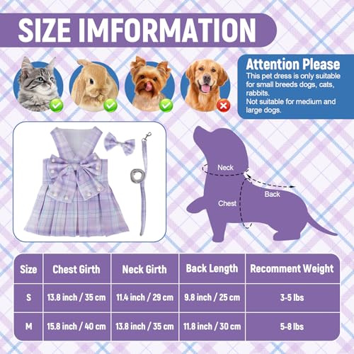 Cute Plaid Dog Dress Clothes for Small Dogs Cats Girl Purple Plaid Dog Dress with Pearls Bow Tie Harness Leash for Spring Summer Birthday Puppy Bunny Rabbit Yorkies Chihuahua Outfits - size: S