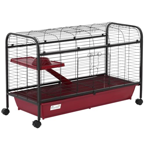 41" L Small Animal Cage Rabbit Hutch Ferret Pet Play House with Feeder, Rolling Wheels, Platform, Ramp Black Multi-Level Design Ideal for Rabbits & Ferrets