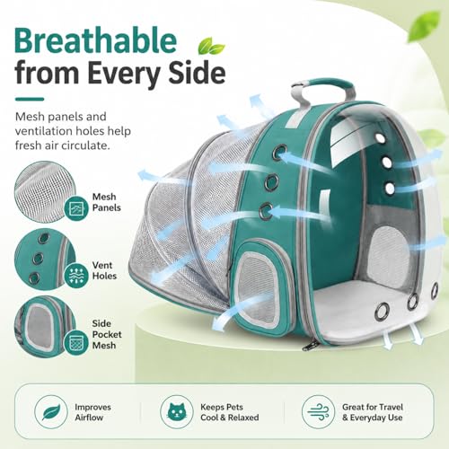Expandable Cat Carrier Backpack with Bubble Window, Green | Breathable mesh, anti-collapse frame, side door, safety leash and escape-resistant zippers for vet visits and outdoor travel. - color: Green