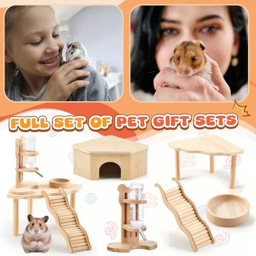 5 Pcs Hamster Cage Accessories, Wood Hamster Play Wooden Platform Water Bottle with Stand Climbing Set for Rat Mice Small Animals Pets Habitats Woodland Decor(Scalloped Platform) - style: Scalloped Platform