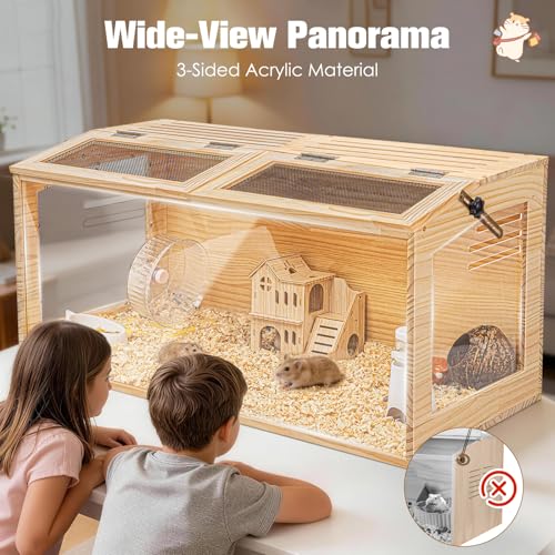 Hamster Cage 32" Chewproof Wooden, 270° View Acrylic Pet Habitat | Panoramic Large Habitat, Bite-Proof Mesh & Top Dual Access Doors, for Syrian/Dwarf Hamsters, Guinea Pigs, Chinchillas - size: 16.0"L x 16.0"W x 32.0"H