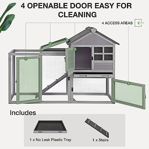 Rabbit Hutch Indoor Outdoor Bunny Cage with 5 Access Doors, Run, Pull-Out Deeper Leakproof Tray and Waterproof Roof - color: Grey