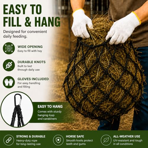Hay Nets for Horses Slow Feed:Hay Feeder Nets for Horses-40 Inch Length Hay Net with 2 Pairs Gloves-Durable Hay Bags for Horses Goats Sheep Donkey - color: Black-2PCS