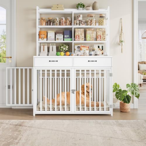 Keyluv 71''H x 47.2''W Large Dog Crate Furniture with 4-Tier Shelves and 2 Storage Drawers, Heavy Duty Dog Cage Furniture with 2 Doors, Wood & Metal Dog Kennel Indoor for Small/Medium/Large Dog, White - color: White