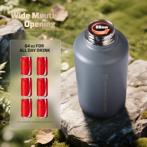 ONETIGRIS 64oz Tactical Insulated Water Bottle with 3 Lids & MOLLE Pouch | 48H Cold & 24H Hot Double Wall, 304 Stainless Steel Wide Mouth, BPA Free Leakproof Silicone Seal, Paracord Handle Easy Carry - color: Gray