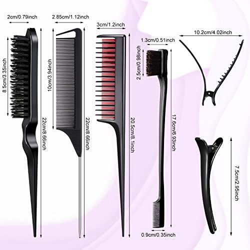 8 Pcs Hair Styling Set for Women, Girls, and Stylists: Teasing Brush, Edge Brush, Triple Comb, Rat Tail Comb with Clips (Black) - color: Black
