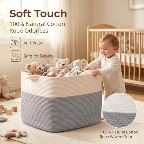 OIASKET 108L Cotton Rope Storage Basket for Living Room and Bedroom 25"x16"x16" Woven Laundry Basket, Heavy Duty Bin for Blankets, Pillows & Toys, Pet-Safe & Scratch-Free, Grey and White - color: Grey & White