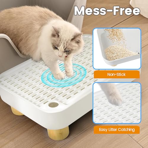 Litter Box Step, Litter Box Ramp/Catcher with Wooden Base, Anti-Tracking & Easy to Clean, Ideal for Small & Elderly Cats (White) - color: White
