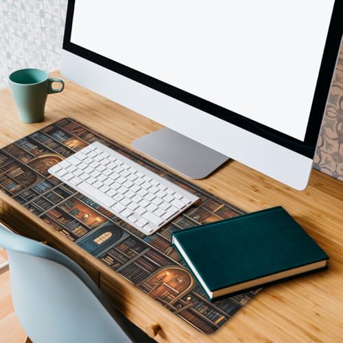 Shelves Desk Pad Mouse Pad Retro Old Bookshelf Bookcase Library Large Gaming Mouse Mat with Stitched Edges,Non-Slip Waterproof Rubber Base Mous Mat Office Computer Keyboard Laptop Home 31.5"x11.8" - color: Shelves, size: 31.5L x 11.8W inches