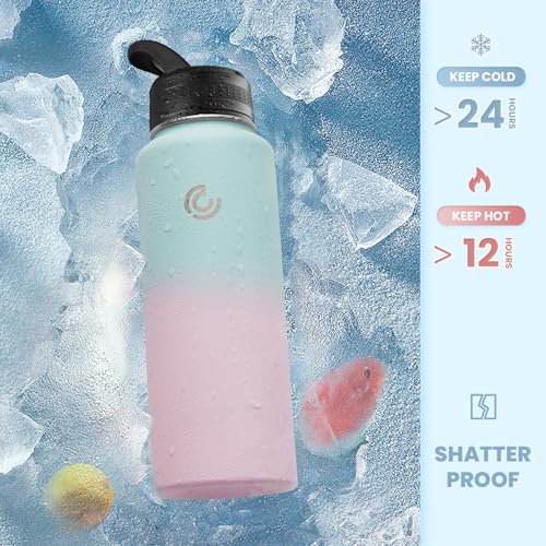 COKTIK 40oz Sports Water Bottle, Stainless Steel Water Bottle for Insulated, Reusable Travel Bottle, With Straw, With Handle Grip for Easy Carrying, Suitable for Cycling, Outdoor Vacations(Bubble Gum) - color: Bubble Gum, size: 40 Ounces