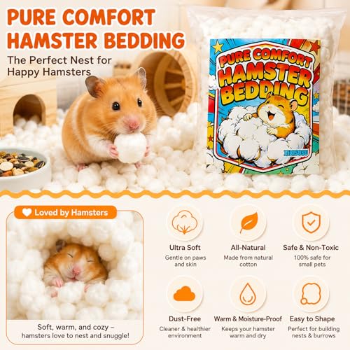 100% Cotton Bedding for Hamsters & Guinea Pigs - Small Animal Bedding, Natural Safe Pet Bedding for Cages, Rabbits, Guinea Pig, Bunny, Mouse, Rats, Birds, Chinchillas and Gerbils - 4 oz